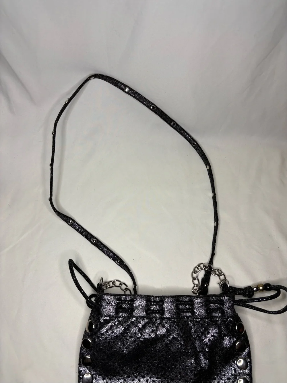 Candies Black and Silver Women's Drawstring Crossbody Bag Long Spaghetti Strap